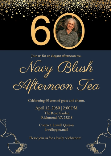 Free Navy Blush Afternoon Tea 60th Birthday Invitation Template to Edit Online