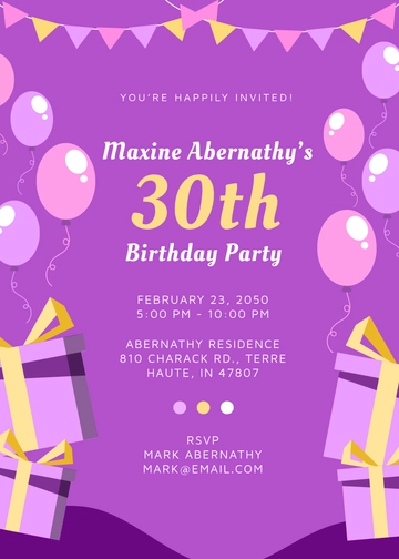 Purple Balloons 30th Birthday Invitation Template - Edit Online & Download