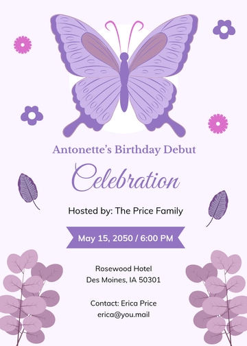 Purple Butterfly Debut Invitation Template - Edit Online & Download