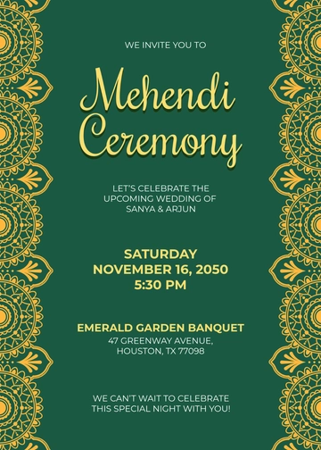 Green and Yellow Mehendi Party Invitation Template - Edit Online & Download