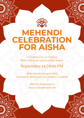 Orange and Red Mehendi Invitation Template with RSVP - Edit Online & Download