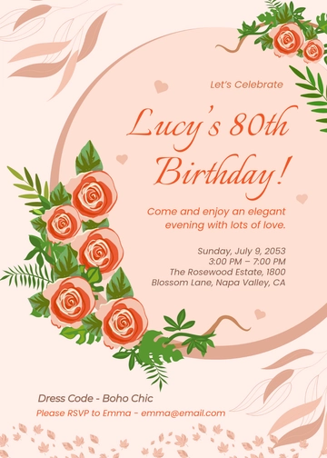 Boho Rose 80th Birthday Invitation Template - Edit Online & Download