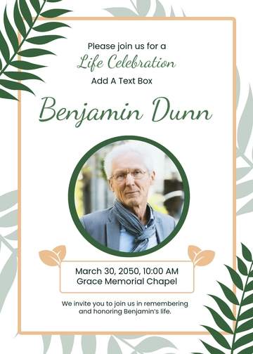Green Leaves Background Funeral Service Invitation Template - Edit Online & Download