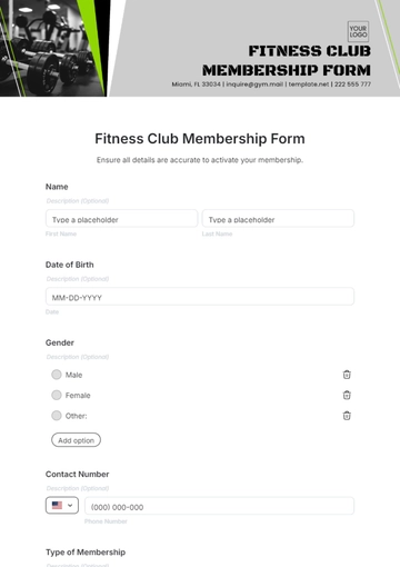 Fitness Club Membership Form Template - Edit Online & Download