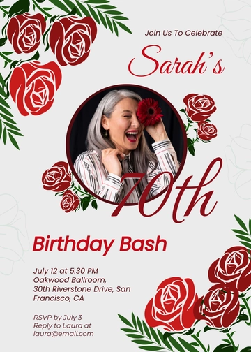Rose Red Flower 70th Birthday Invitation Template - Edit Online & Download
