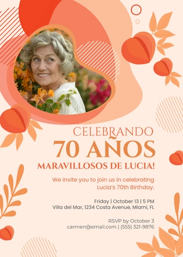 Peach Spanish 70th Birthday Invitation Template - Edit Online & Download