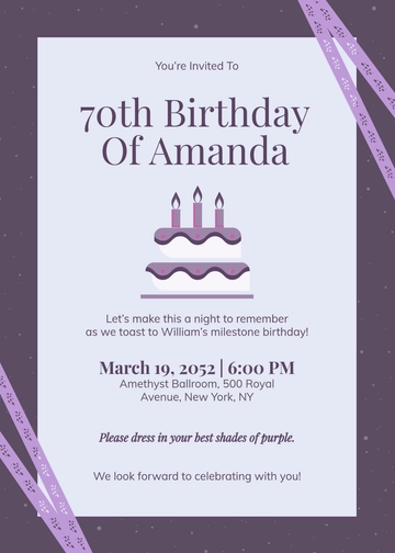 Purple 70th Birthday Invitation Template for Women - Edit Online & Download
