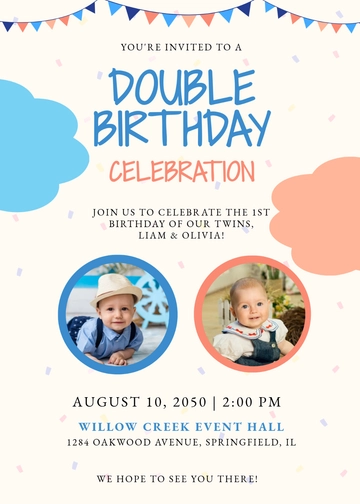 Editable Twins First Birthday Invitation Template - Edit Online & Download