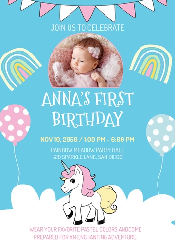 Colorful Unicorn First Birthday Invitation Template - Edit Online & Download