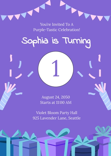 Purple First Birthday Invitation Template - Edit Online & Download