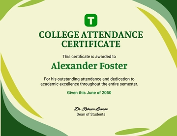 Green College Attendance Certificate Template - Edit Online & Download