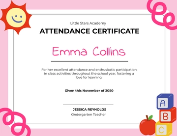 Pink Kindergarten Attendance Certificate Template - Edit Online & Download