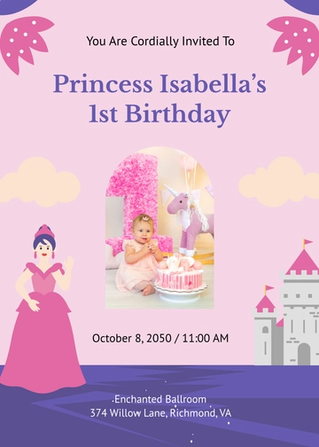 Princess First Birthday Invitation Template - Edit Online & Download