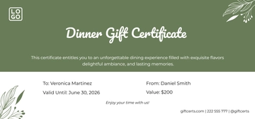 Free Customizable Dinner Gift Certificate Template to Edit Online