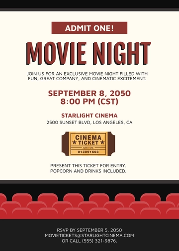Movie Night Ticket Invitation Template - Edit Online & Download