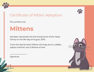 Customizable Kitten Adoption Certificate Template - Edit Online & Download