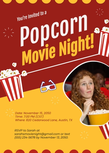 Red and Yellow Popcorn Movie Night Invitation Template - Edit Online & Download