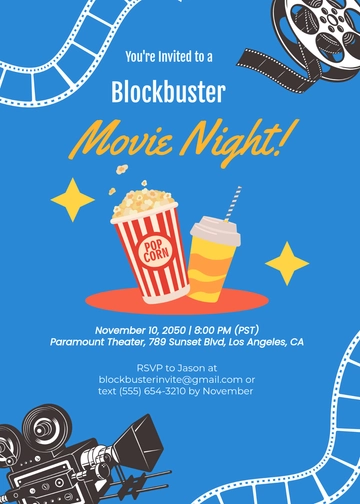 Blue Blockbuster Movie Night Invitation Template - Edit Online & Download