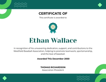 Green and White Baseball Appreciation Certificate Template - Download | Template.net