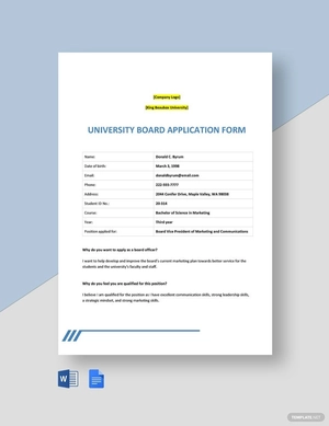 University Board Application Form Template