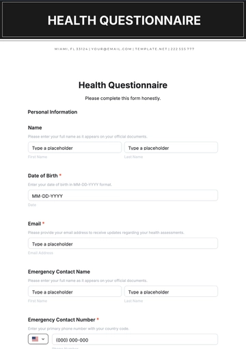 Health Questionnaire Template - Edit Online & Download