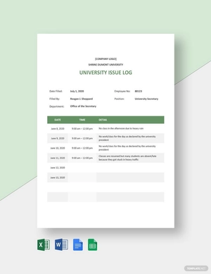 University Issue Log Template