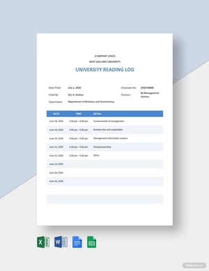 University Reading Log Template