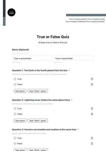 True or False Quiz Template - Edit Online & Download