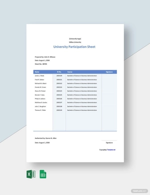 University Participation Sheet Template
