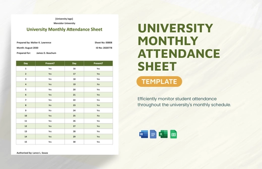 University Monthly Attendance Sheet Template