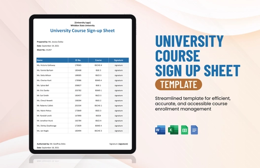 University Course Sign Up Sheet Template