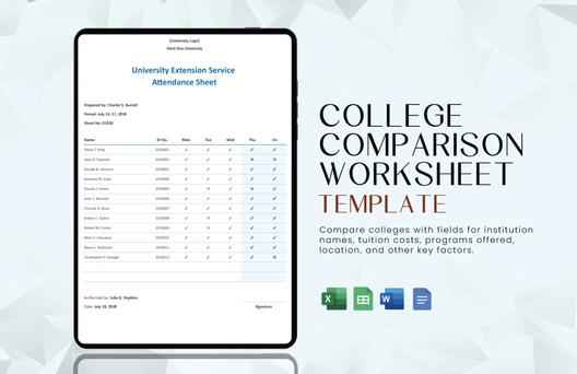 College Comparison Worksheet Template