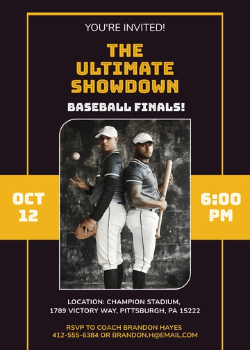 Black and Yellow Baseball Finals Invitation Template - Edit Online & Download