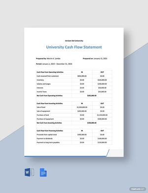 University Cash Flow Statement Template
