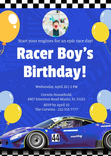 Blue Race Car Boy Birthday Invitation Template - Edit Online & Download