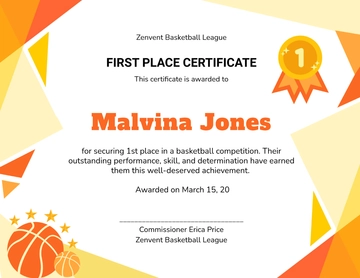 Modern Basketball 1st Place Certificate Template - Edit Online & Download