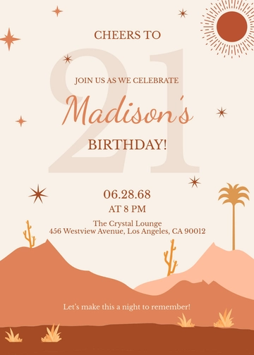 Desert Boho 21st Birthday Invitation Template - Edit Online & Download