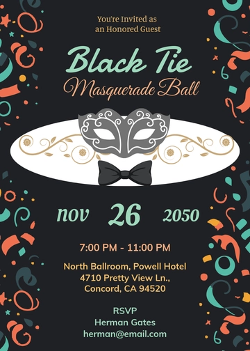 Colorful Black Tie Masquerade Ball Invitation Template - Edit Online & Download