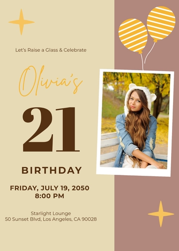 Simple Classic 21st Birthday Invitation Template - Edit Online & Download