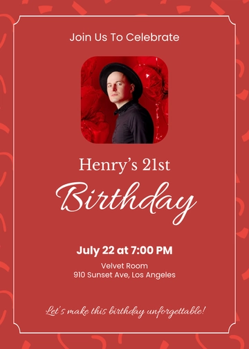 Red Boy 21st Birthday Invitation Template - Edit Online & Download