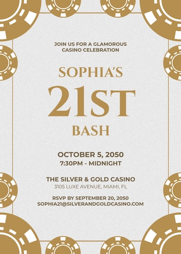 Gold and Silver 21st Birthday Casino Invitation Template - Edit Online & Download