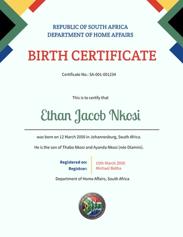 South Africa Birth Certificate Template - Edit Online & Download