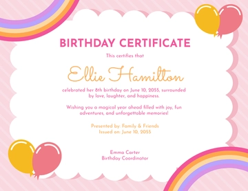 Pink Birthday Certificate Template for Girls - Edit Online & Download