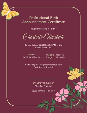 Professional Birth Announcement Certificate Template - Edit Online & Download