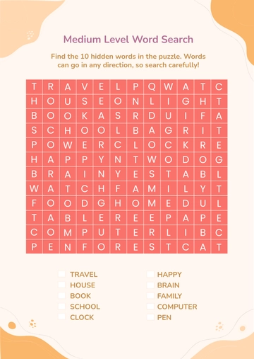 Medium Level Word Search Puzzle Template - Edit Online & Download
