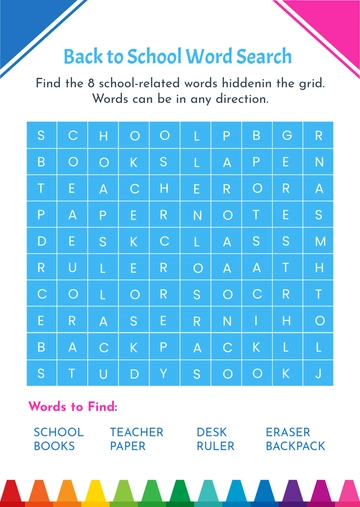 Colorful Back to School Word Search Template - Edit Online & Download