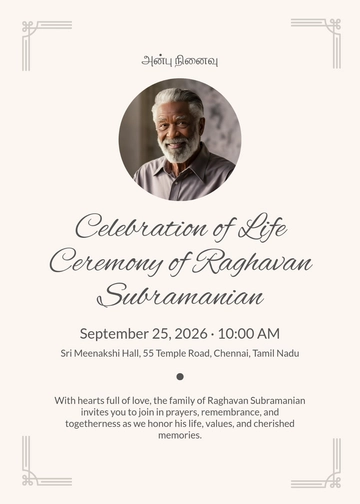 Free Minimalist Tamil Celebration of Life Invitation Template to Edit Online