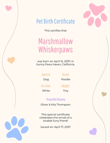 Free Colorful Birth Certificate for Cute Pets Template to Edit Online