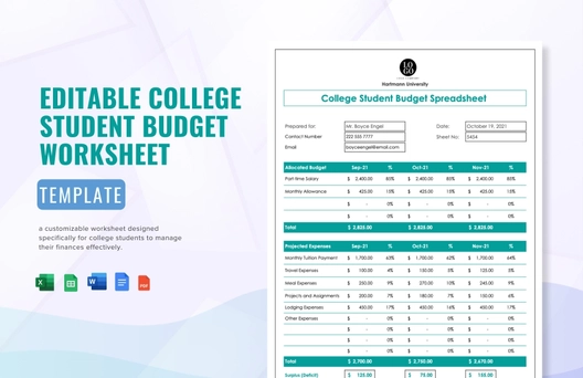 Editable College Student Budget Worksheet Template