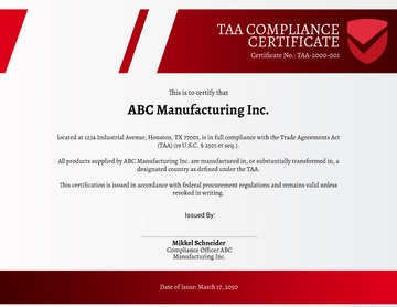 Professional TAA Compliance Certificate Template - Edit Online & Download